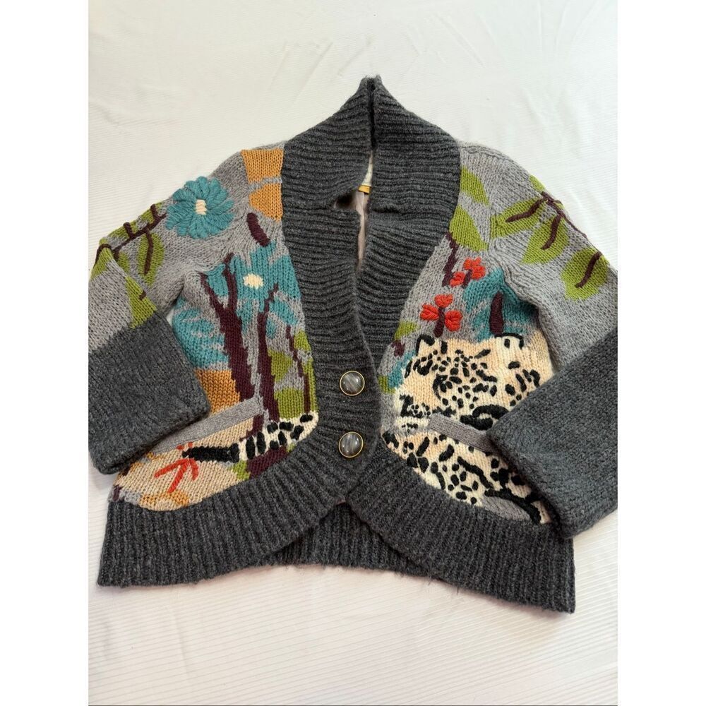 Leifsdottir Anthropologie Embroidered Monkey Jungle Sweater Cardigan Size Medium